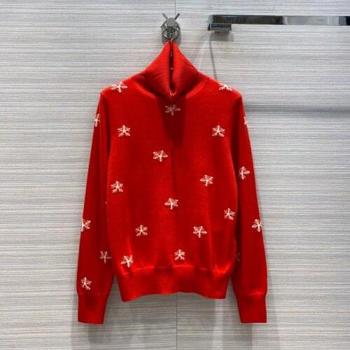 New Ladies Fashion 2021 Long Sleeve Sexy Casual High Neck Snowflake Red Cashmere Sweater 1017