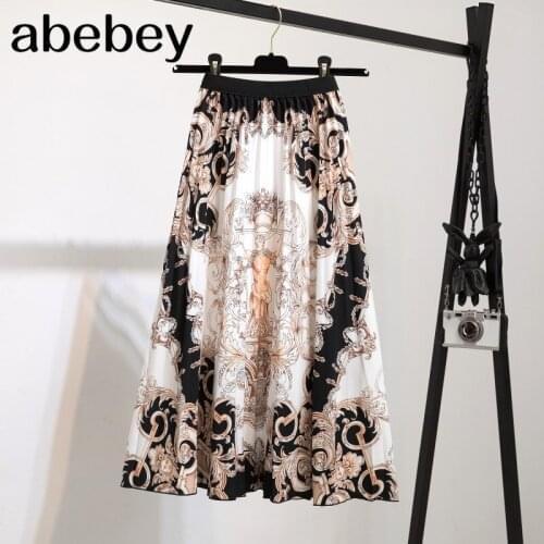 2021 Summer Fashion Brand Print Pleated Skirts Womens High Waist Elastic Midi Long Skirt Girls Party Rok Jupe Femme A-Line