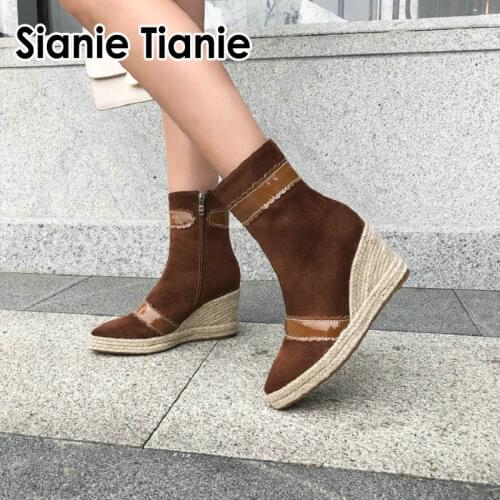 Sianie Tianie 2020 designer faux suede winter spring platform espadrilles wedges high heeled ankle boots slim boot women booties