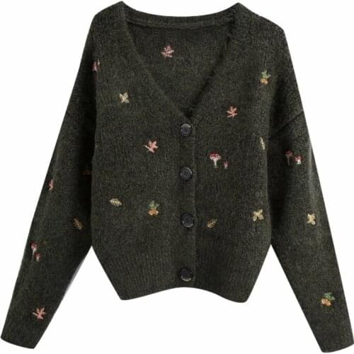 2021New Women Elegant V Neck Embroidery Knitting Sweater Femme Chic Basic Long Sleeve Breasted Casual Cardigans Tops