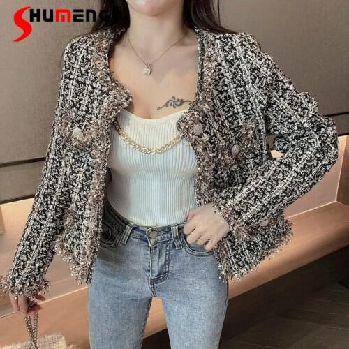 Korean Fashion Women Sweet Single Breasted Tweed Short Fall Jackets 2021 New O Neck Long Sleeve Short Coats Female Clothing