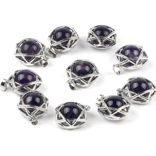 10pc Natural Stone Six-pointed Star Pendant Hollow Smart Amethyste Ball Pendulum Purple Healing Reiki Chakra Decor Crystal