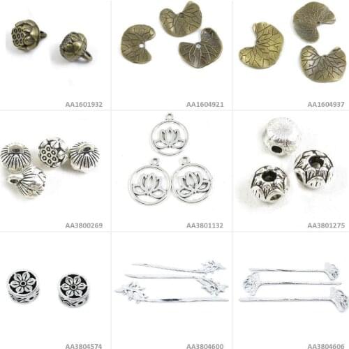 Antique Bronze Silver Tone Jewelry Making Charms Lotus Flower Hair Stick Bookmark Hairpin Loose Beads Signs Leaf Bracelet Craft