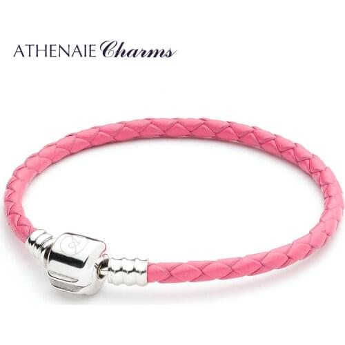 ATHENAIE Rose Red Single Braided Leather 925 Sterling Silver Charm Bracelet Fits Fit All European Charm Bead