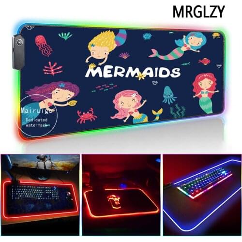 MRGLZY LED Light RGB Large Kawaii Mouse Pad XL Mermaid Cartoon Pattern DeskMat Gaming Accessories for PC Laptop Keyboard MiceMat