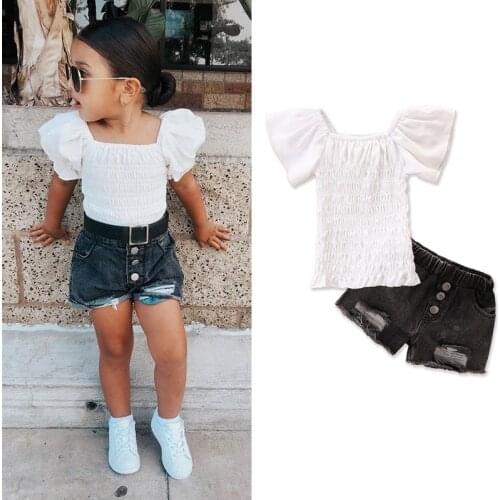 FOCUSNORM Summer Fashion Kids Girls Clothes Sets Off Shoulder Solid Short Sleeve T Shirts Denim Shorts 1-6Y