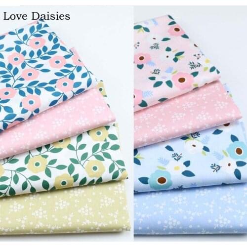 100% Cotton Fabric Pastoral PINK BLUE White Yellow Flower Small Pink Blue Camel Floral for Doll Handwork Kid Apparel Dress Craft