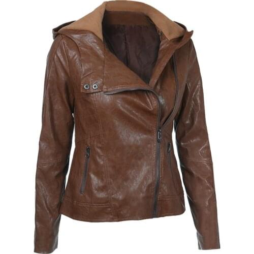 European and American new fashion hooded long-sleeved solid color ladies leather jacket jacket pu leather