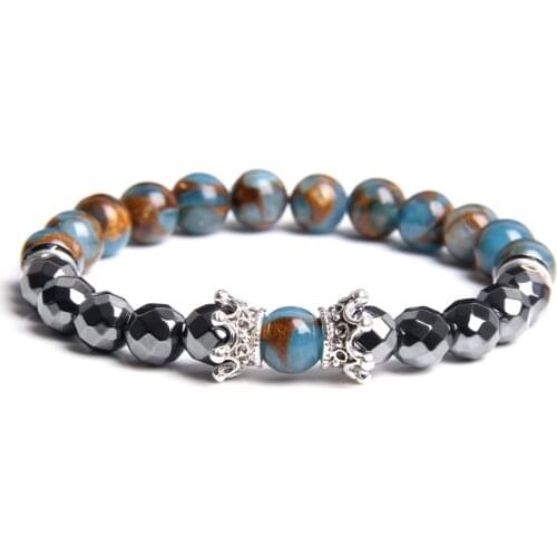 Men female Natural Volcanic Hematite Glazed stone beaded bracelet Crown charm faceted beads bracelet jewelry friendship gifts
