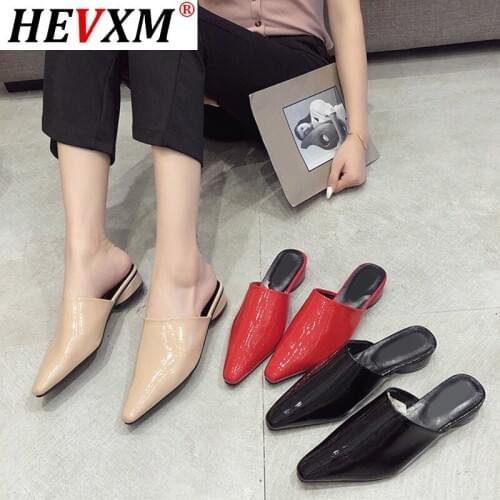 Mules Women Pointed Toe Patent Leather Autumn Slippers Ladies Slip On Spike Low Heels Slides Comfortable Female Casual Shoes
