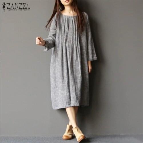 ZANZEA 2021 Kaftan Pleated Midi Dress Womens Spring Sundress Casual Long Sleeve Vestidos Female Pleated Robe Femme Oversized