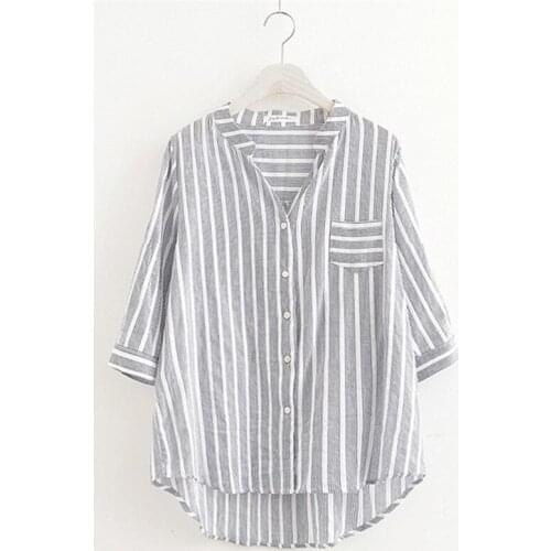 Large Size Summer Womens Shirt V-Neck Cotton and Linen Striped Shirt Women Sleeves In The Long Loose Loose Casual Ladies' Tops