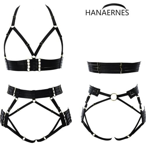 HANAERNES Elastic Adjustment Punk Dance Carnival Costume Gothic Suspender Bra Womens Black Tight Top Garter Sexy Lingerie Set