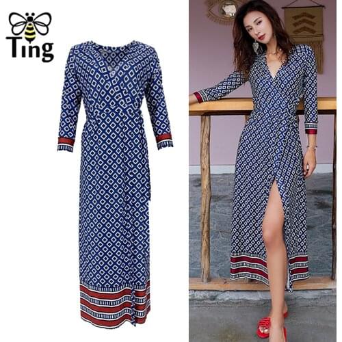 Tingfly Vintage Elegant Casual Street Chic Split Dress Printing Bohemian Wrap Arround Long Dress Boho Casual Slip Dress Vestidos