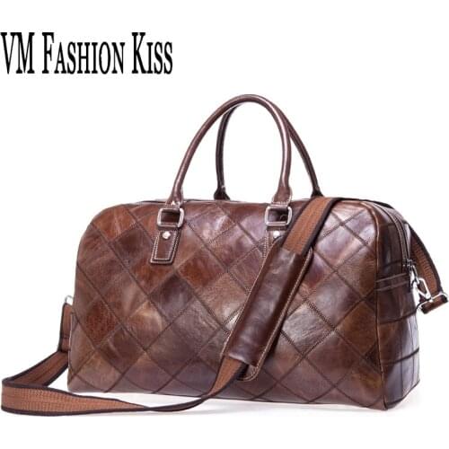 VM FASHION KISS Genuine Leather Traveling Bags Leisure Retro Male Travel 45cm Duffel Large Luggage Bag Women Handbags Person Bao