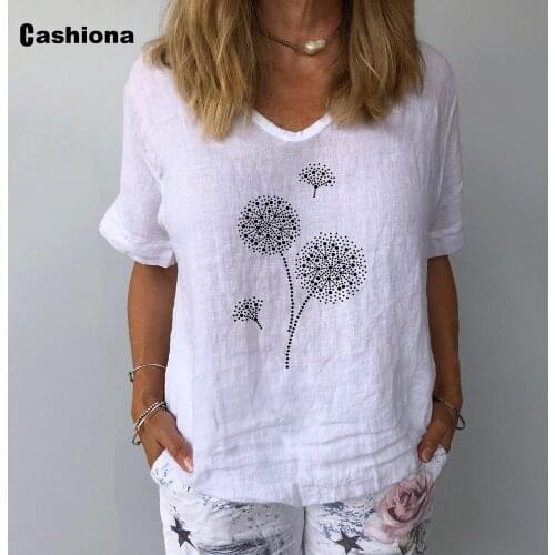 Cashiona Plus Size Ladies Elegant Leisure Casual T-shirt Latest Dandelion Print Womens Top 2021 Summer Linen Tees shirt Femme