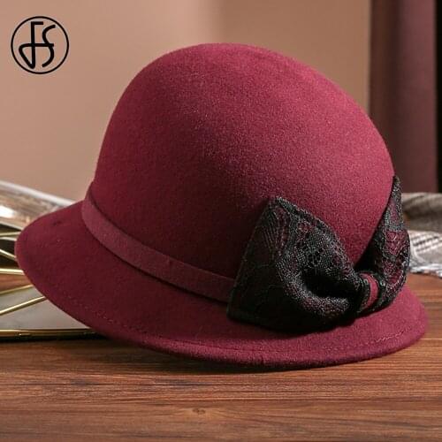 FS British Knight Dome Top Wool Felt Fedora Hats For Women Winter Warm Vintage Church Basin Hat Fedoras Bowler Cap Lace Bowknot