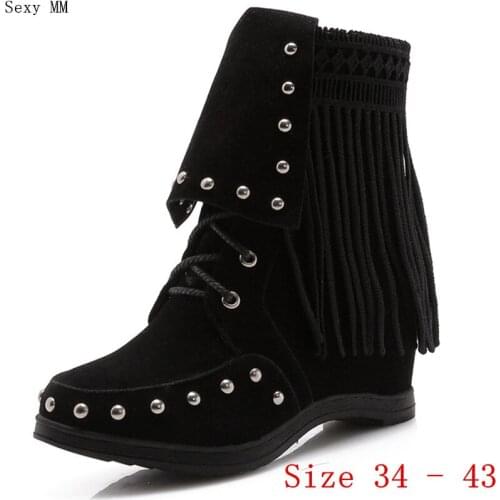 Autumn Spring Women Mid Calf Boots Booties Wedges Height Increasing Woman Short Boots Shoes Small Plus Size 34 - 40 41 42 43