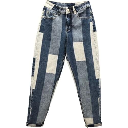 Blue Denim Trousers Women 2021 Autumn Woman Jeans High Waist Elastic Harem Pants Europen Style Geometric Panelled Spliced
