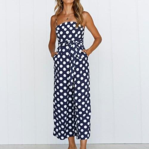 Johnature New Sexy Spaghetti Strap Chiffon Wave Point Jumpsuits Women 2021 Summer Bandage Bohemia Bodysuits