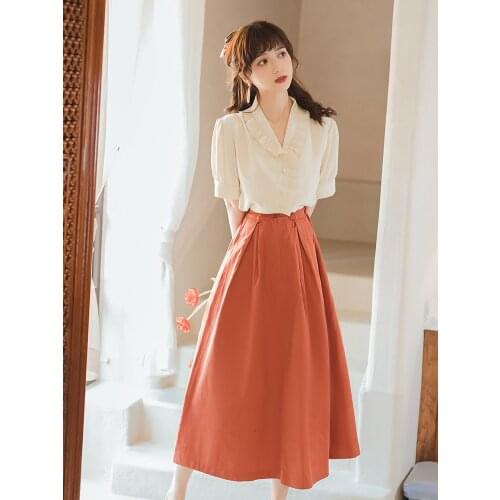 Women Summer French Retro Two piece Set Ruffled v-neck Sweet Cute Shirt Top and Solid Color High Waist Vintage Skirt Sets
