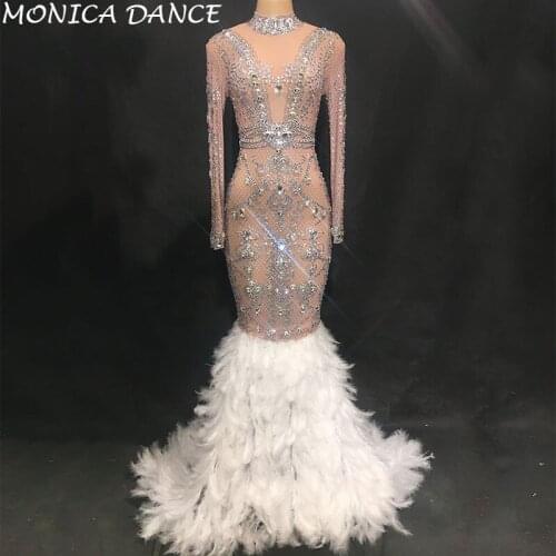 Women Sexy Stage Sparkly Crystals See Through Mesh Feather Dress Birthday Celebrate Stones Dress Fringes Costume Dance Dress