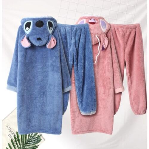 Winter loose thick coral fleece suit nightgown trousers cartoon Stitch cute couple men and women home service