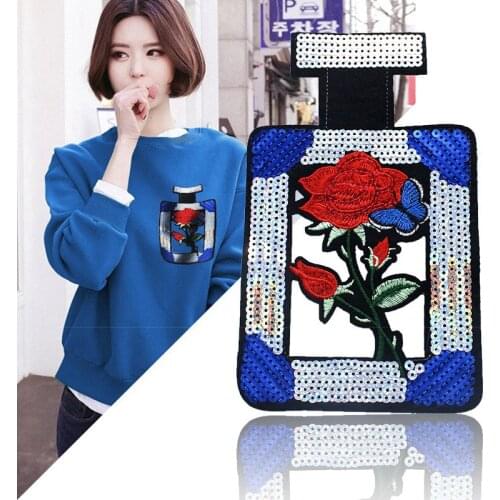 1Pc Rose Flower Perfume Bottle Applique Clothing Embroidery Patch Fabric Sticker sew on Patch Craft Sewing Repair for Dress