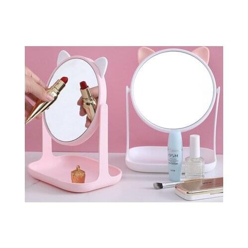 1 Piece of Rotating Assembled Makeup Mirror Desktop Countertop Base for Bathroom Travel Ordinary Pink Cat Ear Mirror