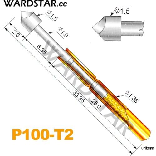 100pcs/lot P100-T2 Dia 1.5mm Spring Test Probes Pogo Pin Length 33.35mm (Stroke Spring Froce:180g) Wholesale