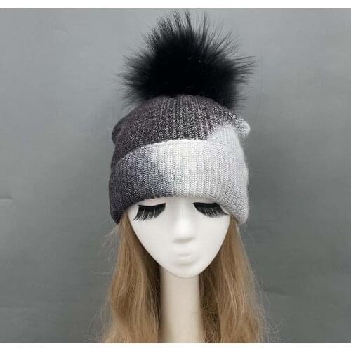 2021 Gradient Rabbit Wool Hat High Quality Thick Warm Hat Detachable Raccoon Ball Winter Women Cap
