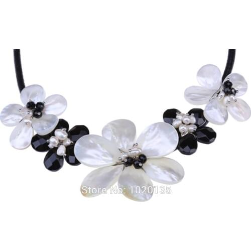 White sea shell flower freshwater pearl baroque and black stone faceted flat necklace wholesale beads 18inch FPPJ FPPJ