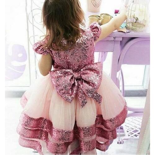 BlingBling Sequined Capped Sleeves Flower Girls Dresses with Bow Birthday Party Wedding Gowns Tiered Tulle Pageant Vestidos