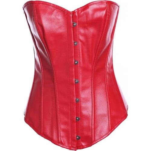 Fiber Win Steampunk Leather Corset Lingerie Top-Goth Women Sexy Black Red Buckle Simple Bustier Leather Waist Trainer