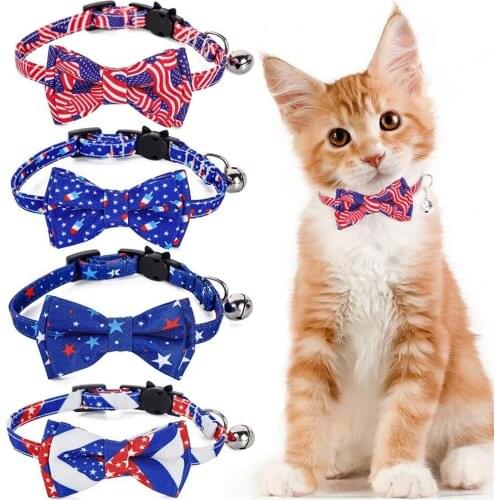 American Flag Cat Collars Bow Tie Collar Breakaway with Bell 4th of July Independence Day Wear for Kitty Small Medium Cats