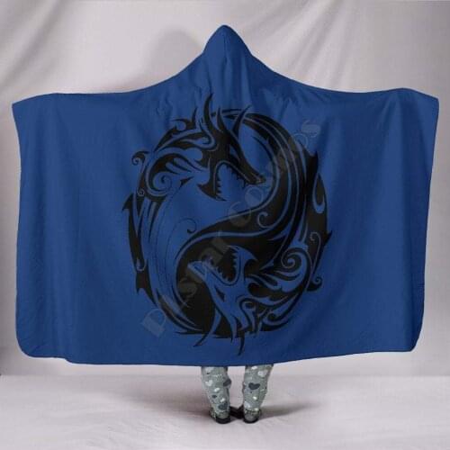 Blue Yin Yang Dragons Hooded Blanket 3D Printed Wearable Blanket Adults For Kids Various Types Hooded Blanket Fleece blanket