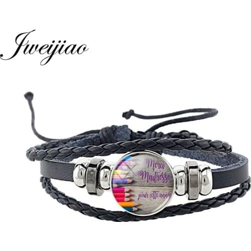 JWEIJIAO French Merci Maitresse Picture Bracelet Black Leather 18MM Glass Cabochon Snap Button Fashion Men Bangles Jewelry NT49