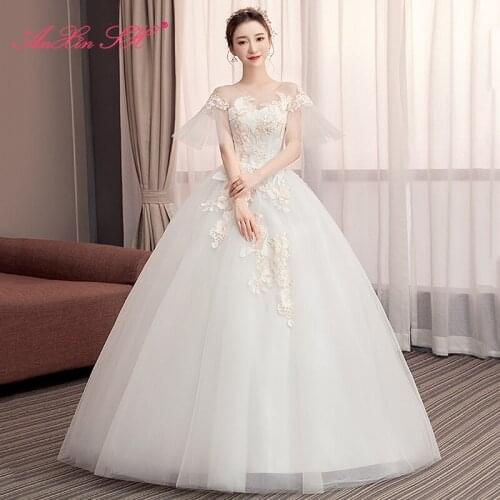 AXJFU princess embroidery flower lace white wedding dress party vintage o neck flare sleeve ball gown lace up wedding dress