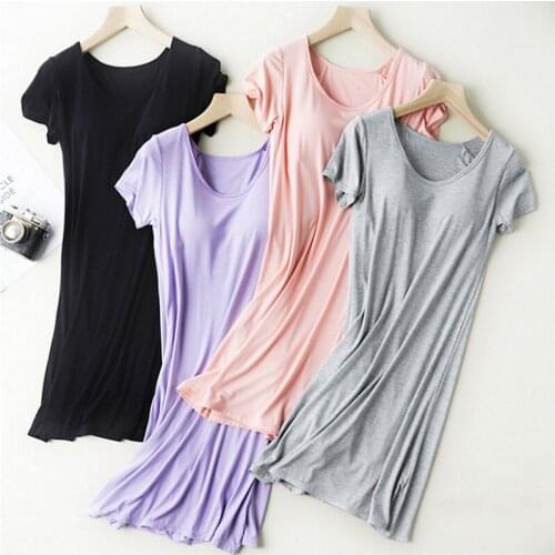 Summer Nightgowns Modal Cotton O-neck Women Sleepdress With Breast Pad Nightwear Sleep Lounge Nightdress Home Dress Plus Size