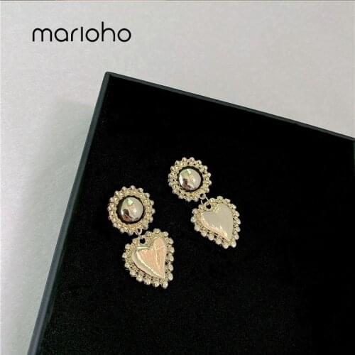 Marioho Fashion Shiny Rhinestone Metallic Heart Earrings For Women Gold Color Metal Love Heart Pendant Hanging Drop Earrings