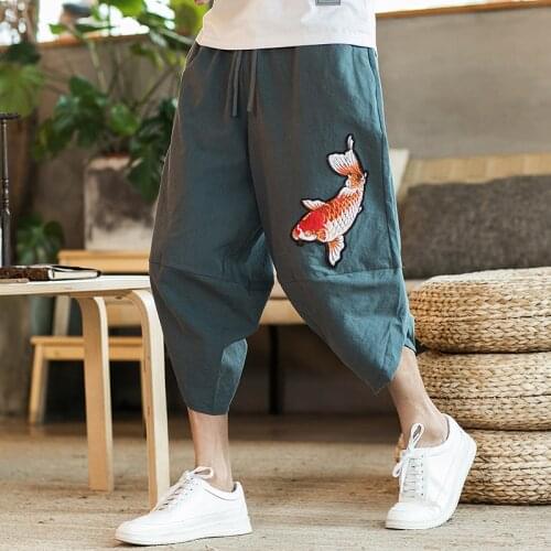 Chinese Style Men Pants 2020 New Beach Pants Male Summer Casual Calf-Length Pants Man Embroidery Baggy Loose Trousers