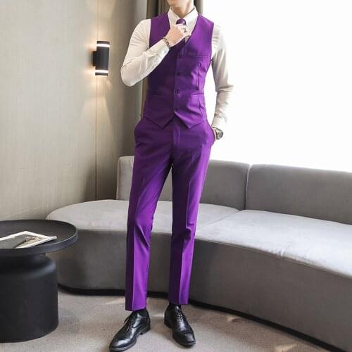 Two-pieces Male Formal Business Solid Suit for Mens Fashion Boutique Slim Fit White Purple Wedding Dress Suit ( Vest + Pants )