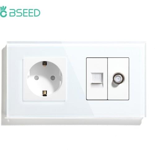 BSEED EU Standard Wall Socket With TV PC Socket Crystal Glass Panel White Black Golden EU Standard 157mm