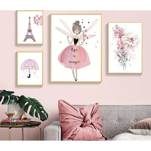 Print Wall Art Pictures Gifts Children Room Home Decor Watercolor Pink Kawaii Girls Poster Nursery Decor Flower Canvas Paintings