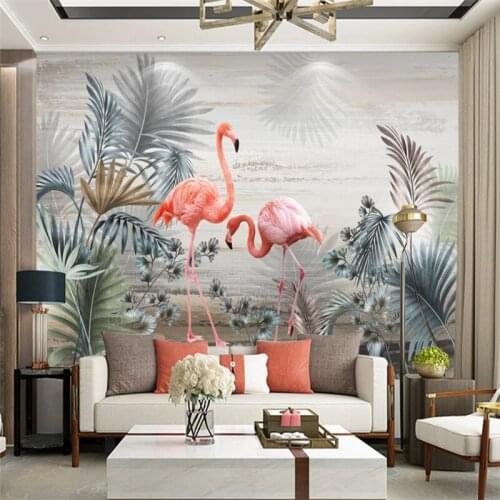 Custom Mural Wallpaper Hand Painted Nordic Plant Leaf Flamingo Tv Background Wall Painting