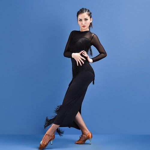 2021 New Latin Dance Adult Modern Ballroom Latin Dance Dress Tassel Fringe Salsa Tango Dance Wear Black Performance Stage Wear