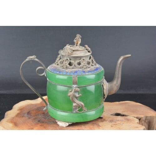 Very rare Qing Dynasty silver&(Green)Jade teapot,Inlaid dragon & monkey pattern