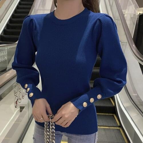 Shintimes 2020 Fall Pullover Women O-Neck Sweater Fashion Winter Pullover Slim Knitted Long Sleeve Button Jumper Lady Basic Tops
