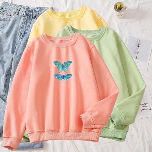 Long Sleeve O Neck Autumn Vintage Harajuku Hoodie Oversize Cotton Sweatshirt Kpop Butterfly Graphic Women Hoodies Moletom