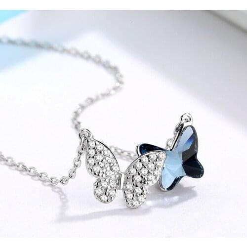 Blue Stone Butterfly Necklace CZ Pendant Choker Chain Unique Charms Best Friends Gift Minimalist Jewelry Collier Femme Statement